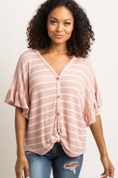 Coral Striped Waffle Knit Button Front Top