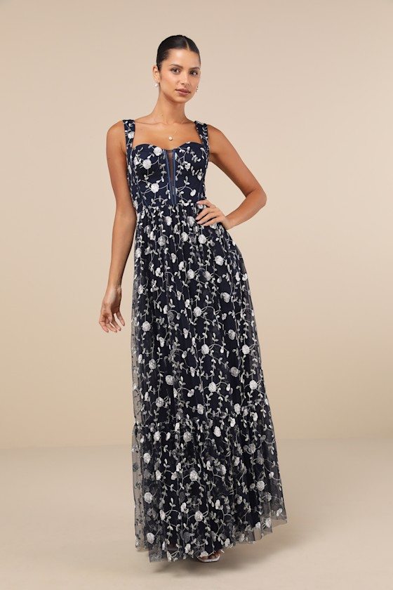 Image of Gala Invite Navy Blue Embroidered Tulle Bustier Maxi Dress