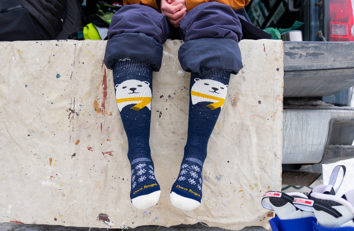 A delightful photo of the Mama Bear socks which feature a polar bear wearing a whimsical scarf.