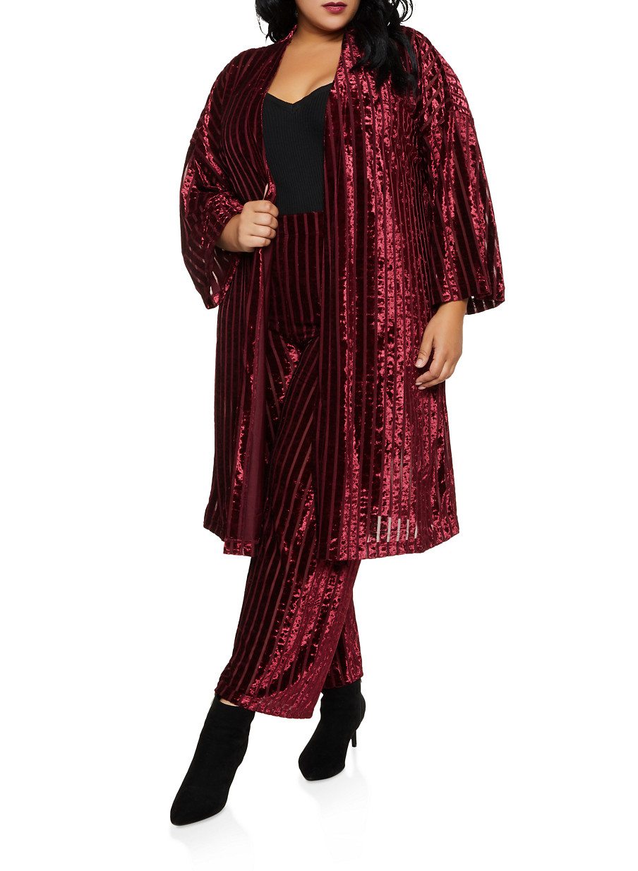 Plus Size Crushed Velvet Striped Duster