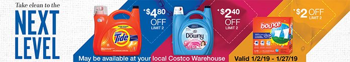 Take Clean to the Next Level with Tide, Downy and Bounce up to $4.80 OFF. Valid 1/2/19 - 1/27/19.