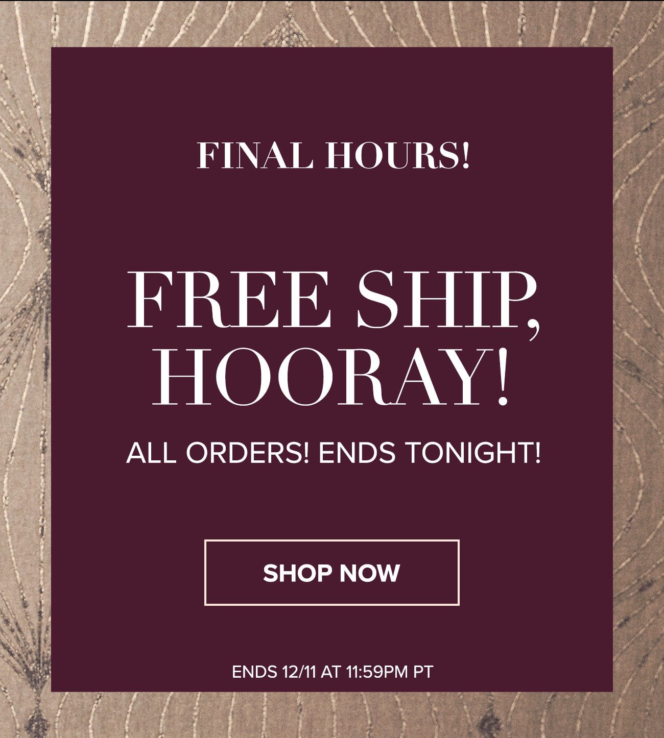 Final Hours! Free Shipping, Hooray! 