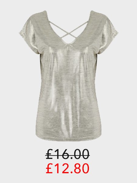 Womens Gold Metallic Cross Front Top