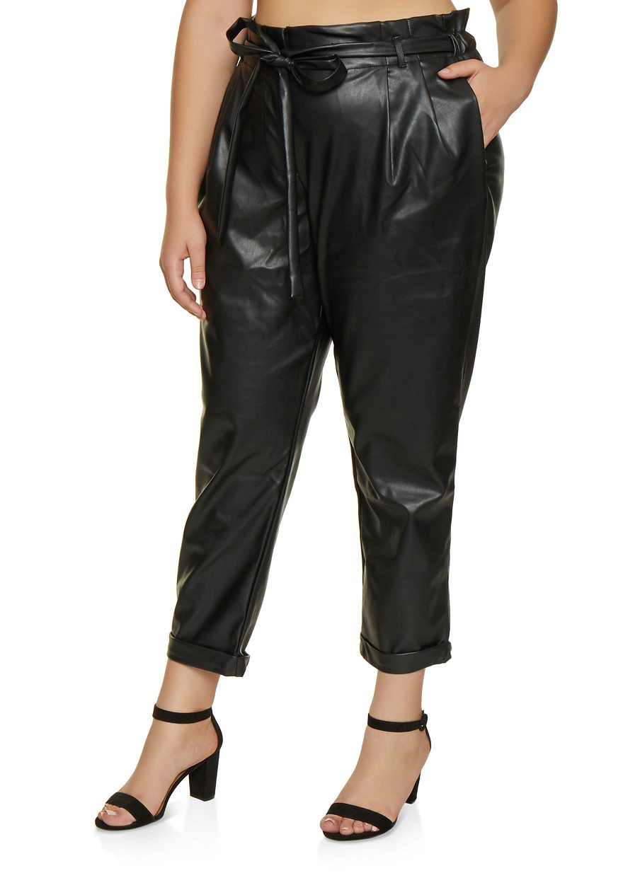 Plus Size Faux Leather Paper Bag Waist Pants