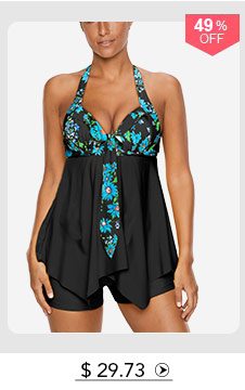 Open Back Printed Asymmetric Hem Tankini Set