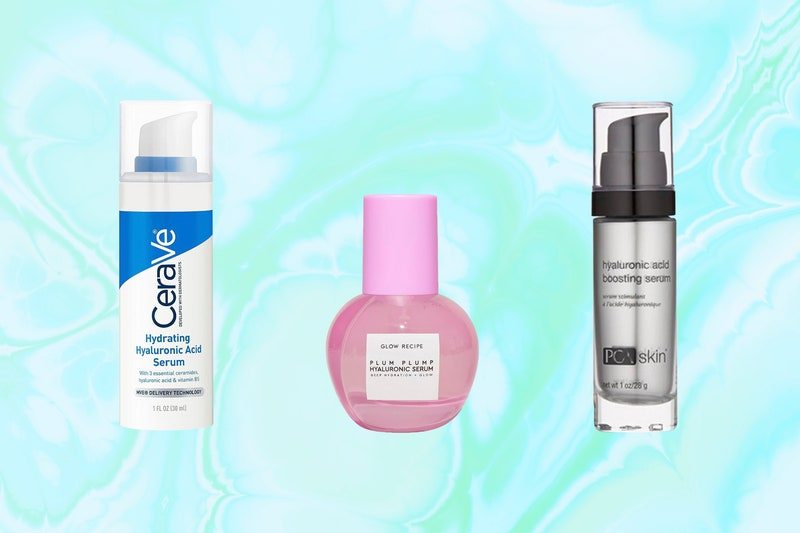 Cerave, Glow Recipe, and PCA Skin hyaluronic acid serums on blue background