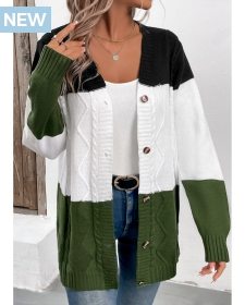 Button Green Long Sleeve Patchwork Cardigan