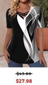 ROTITA Criss Cross Geometric Print Black V Neck T Shirt