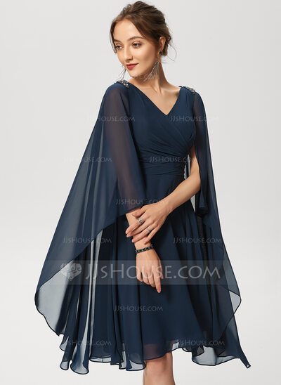 A-Line V-neck Knee-Length Chiffon Cocktail Dress With Beadin...