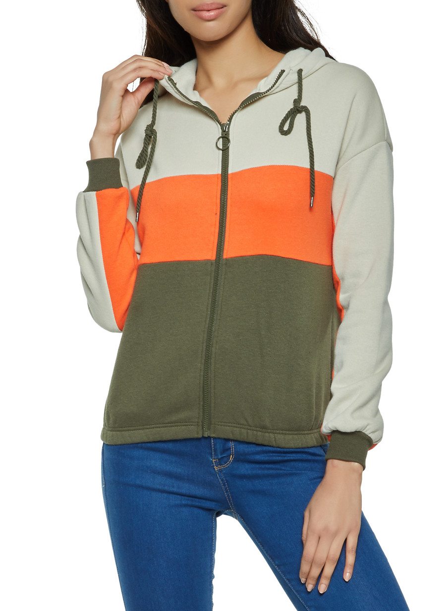 Color Block Zip Up Hooded Sweatshirt