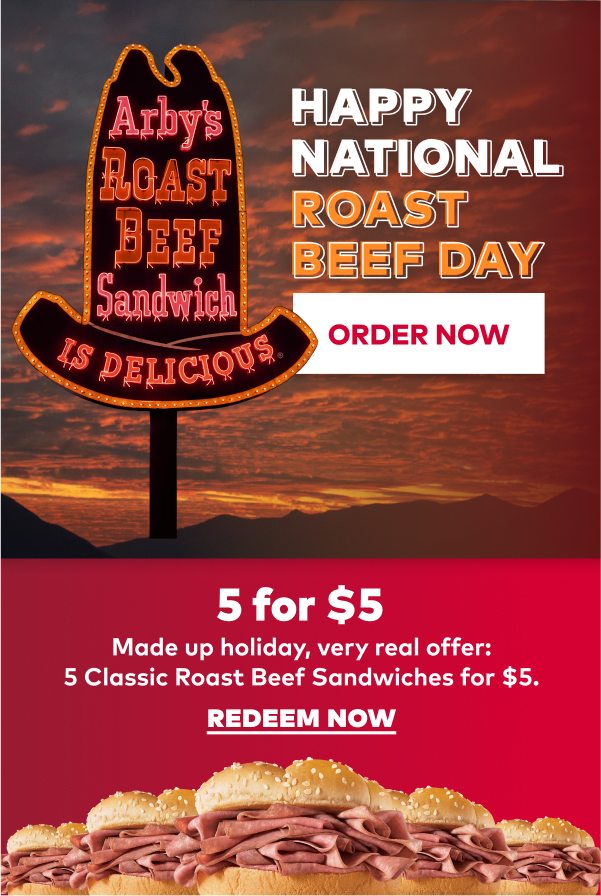 Arby's Rewards 5 Classic Roast Beef Sandwiches for $5