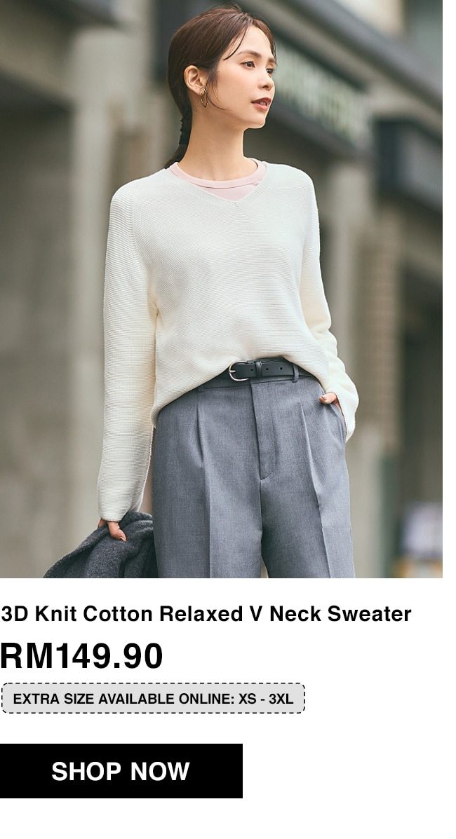 3D Knit Cotton Relaxed V Neck Sweater