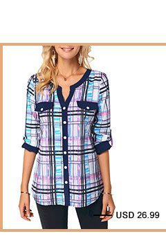 Roll Tab Sleeve Plaid Print Shirt