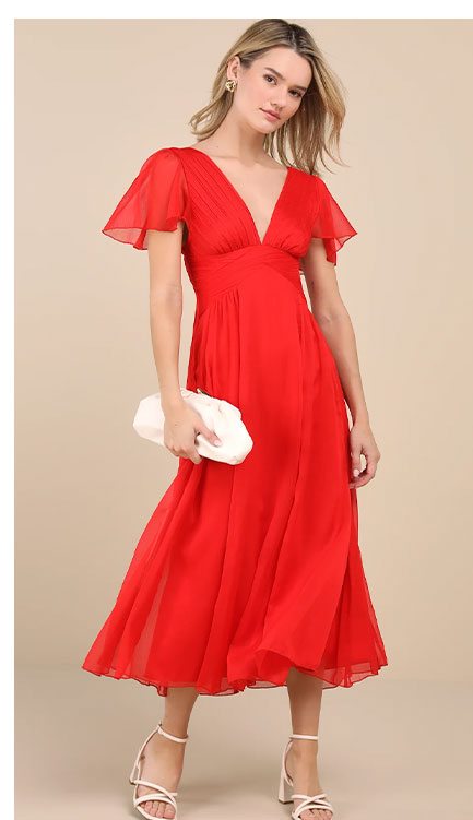 Image of Ideal Perception Red Flutter Sleeve Chiffon Midi Dress