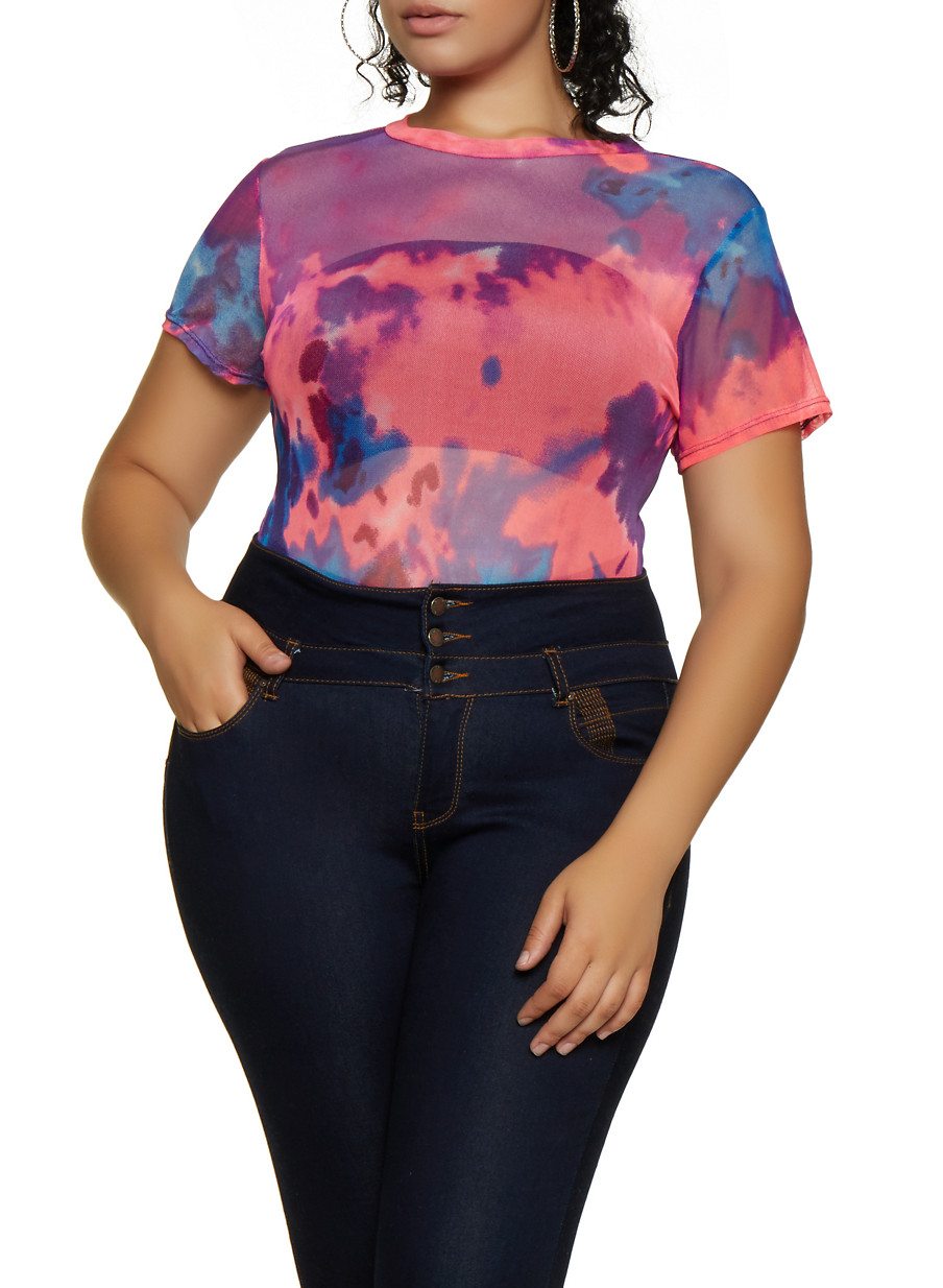 Plus Size Tie Dye Mesh T Shirt Bodysuit