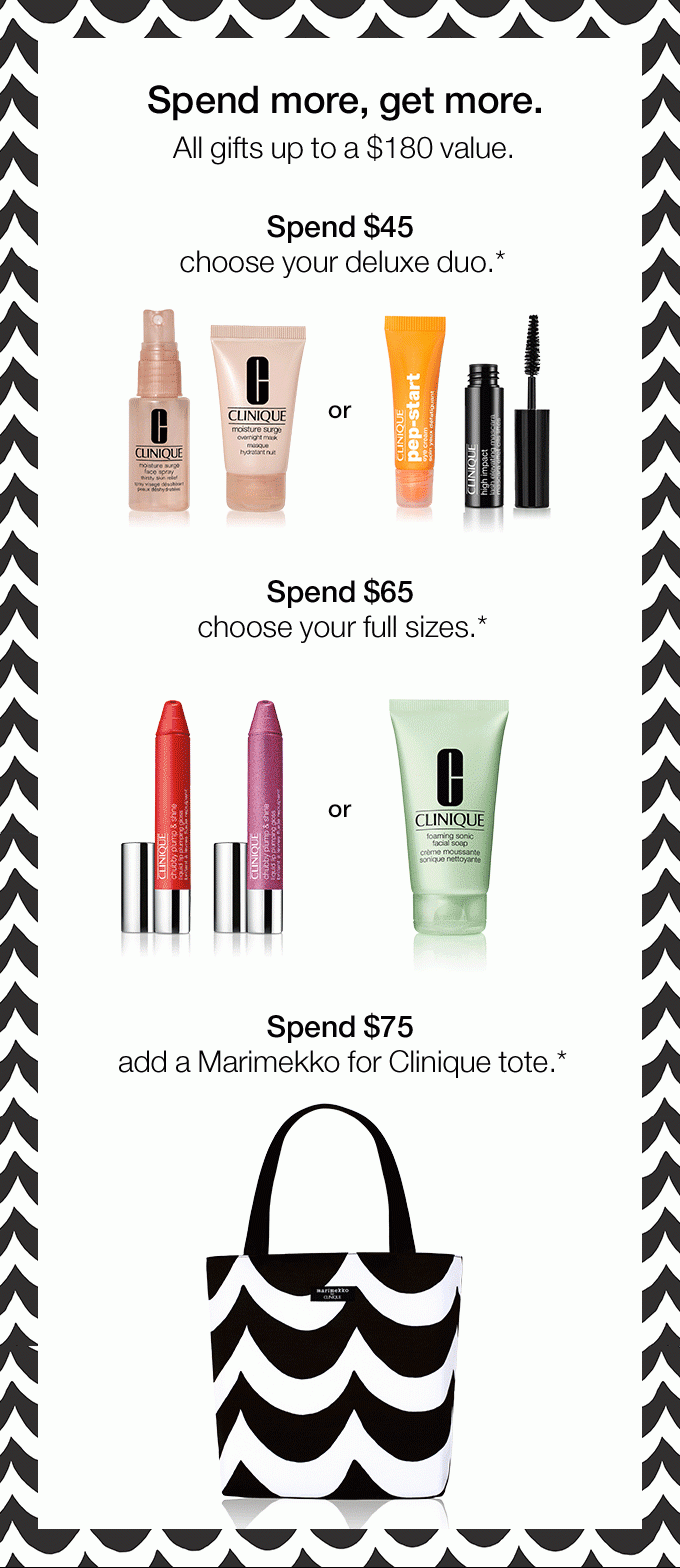 Spend more, get more. Choose a free duo with any $55 purchase.* CODE SKINFAVES CODE EYEFAVES Free tote with any $75 purchase.* NO CODE NEEDED All gifts up to a $135 value.