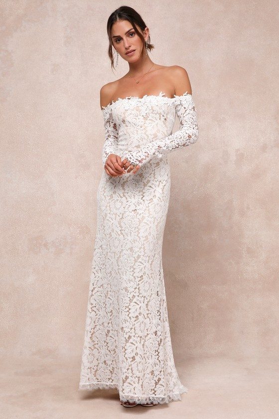 Image of Romance Dreamer White Lace Off-the-Shoulder Maxi Dress