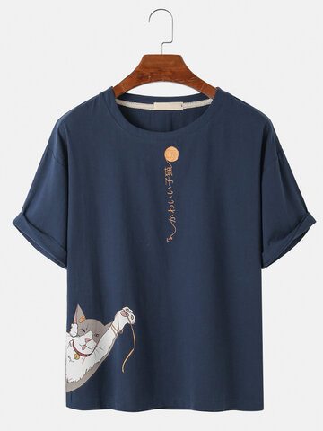 Cotton Cartoon Cat & Japanese Print T-Shirts