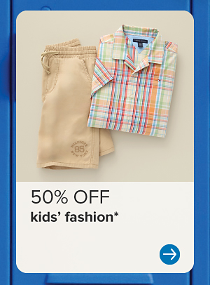 Image of a plaid button down shirt and khaki shorts. 50% off kids' fashion.