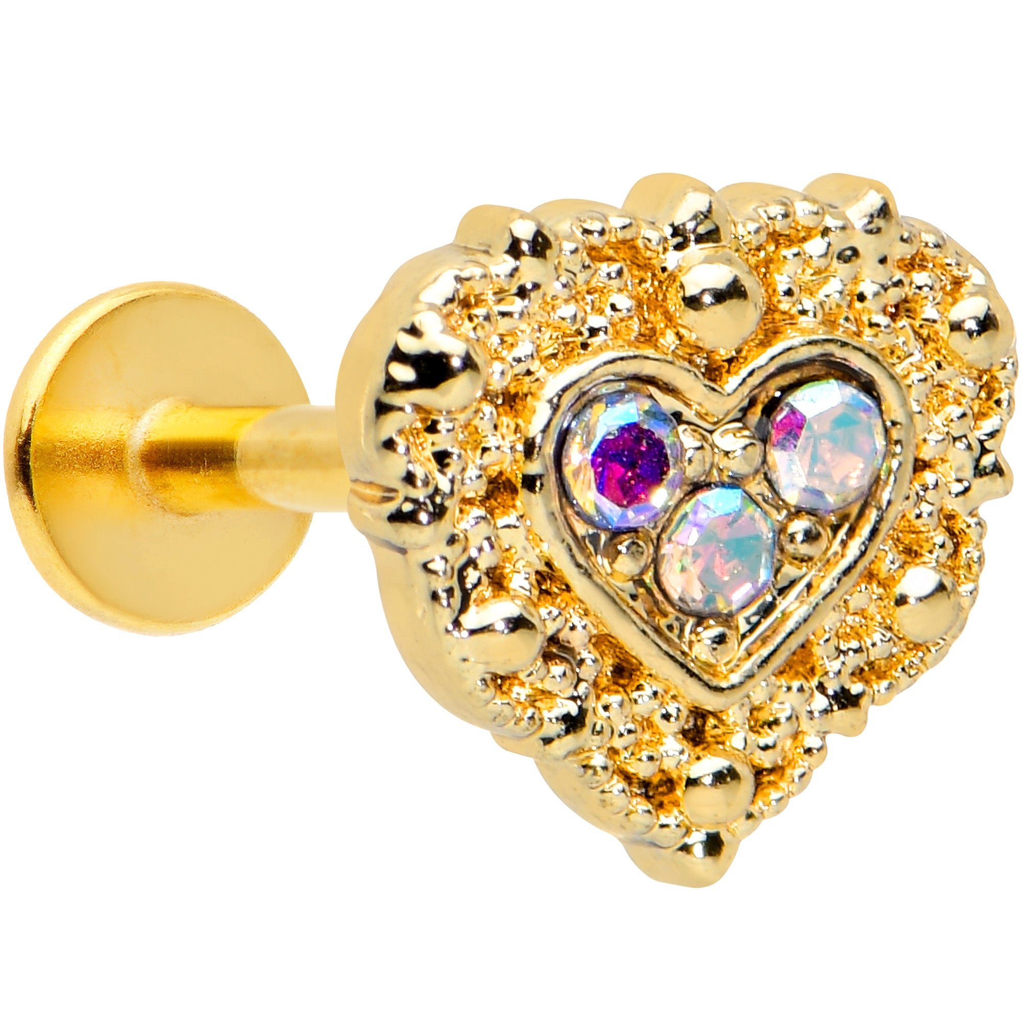 Image of 16 Gauge 5/16 Aurora Gem Gold Tone Baroque Heart Labret Monroe Tragus