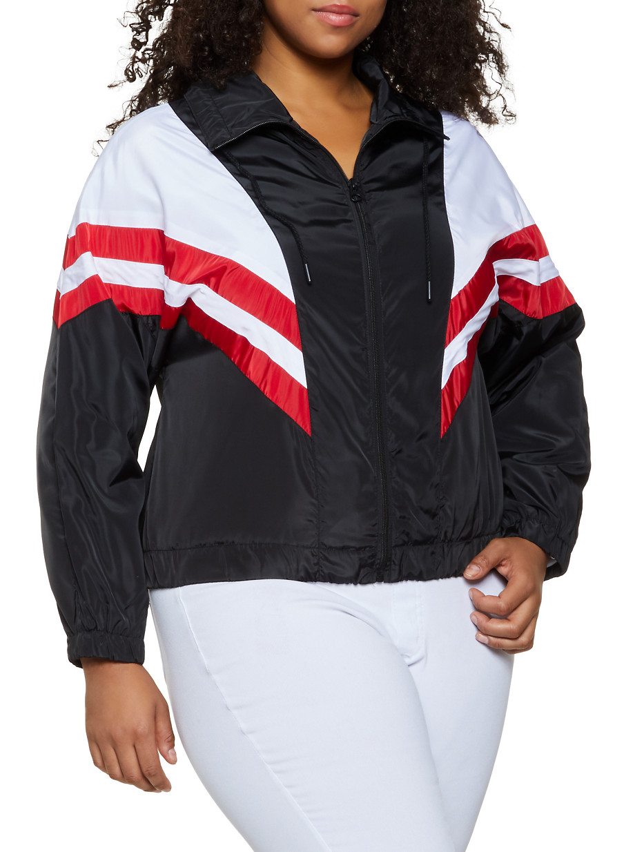 Plus Size Chevron Color Block Windbreaker Jacket