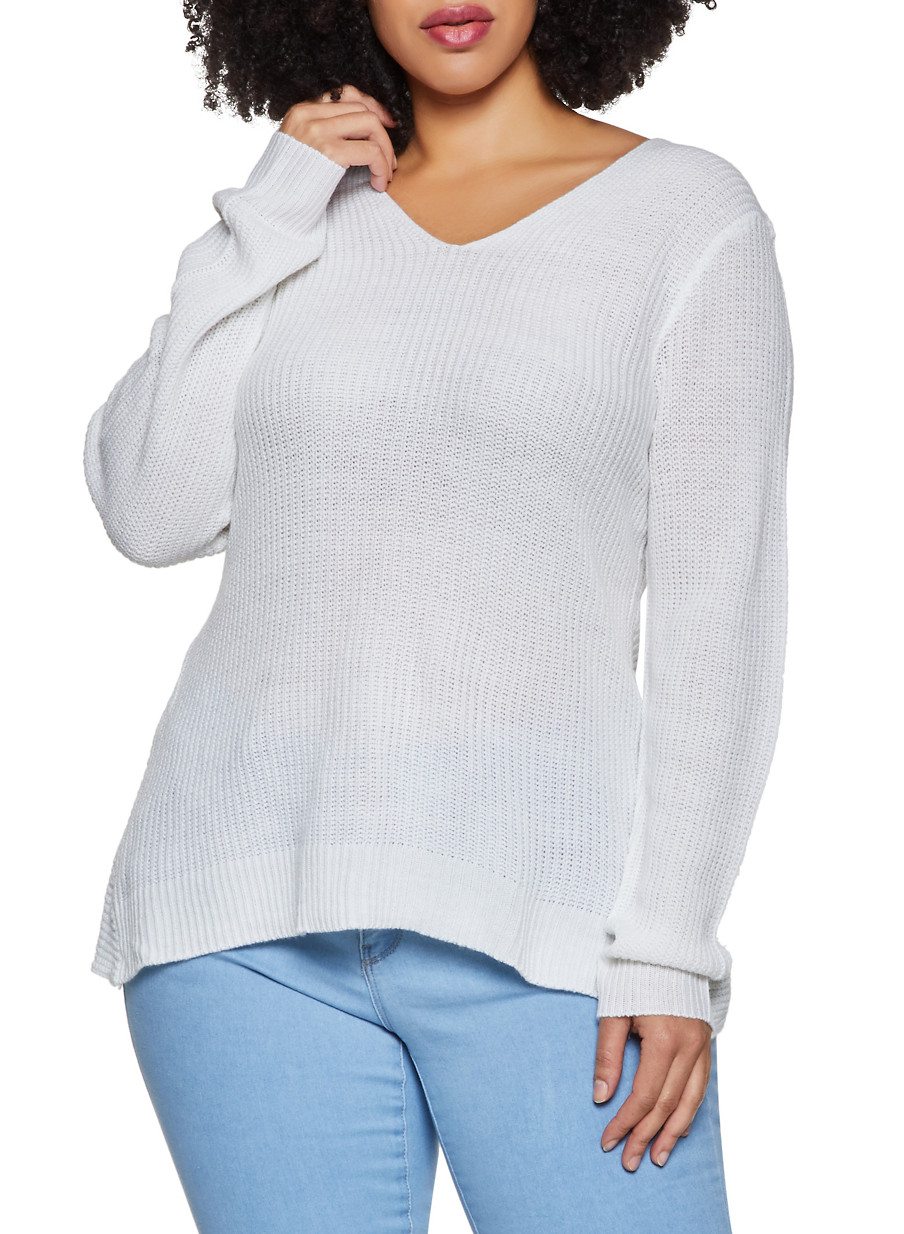 Plus Size Twist Back V Neck Sweater