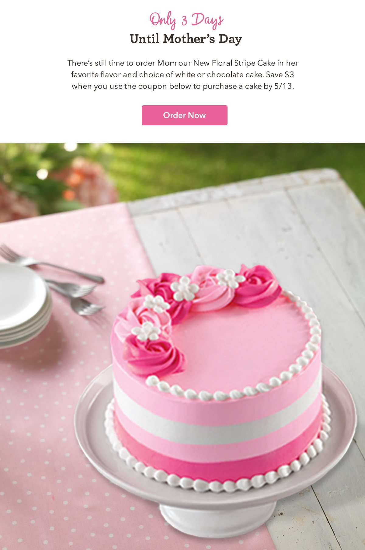 There's still time to order Mom our New Floral Stripe Cake in her favorite flavor and choice of white or chocolate cake. Save $3 when you use the coupon below to purchase a cake by 5/13. 