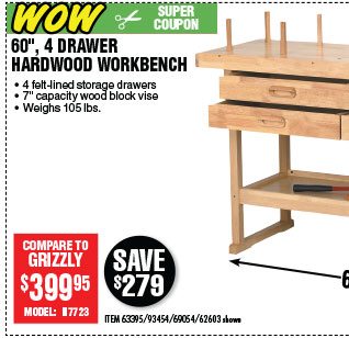 View 60 in. 4 Drawer Hardwood Workbench