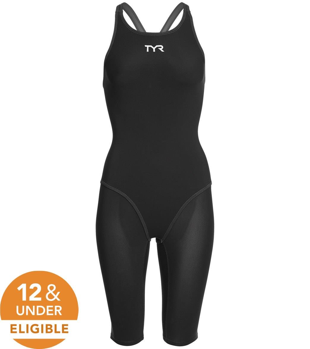 TYR Women's Thresher Open Back Tech Suit Swimsuit - BLK/GREY / 18 