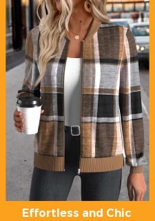 Dark Coffee Zipper Plaid Long Sleeve Stand Collar Jacket