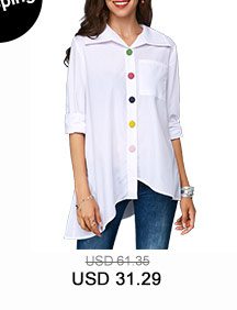 Button Up Asymmetric Hem Pocket White Blouse