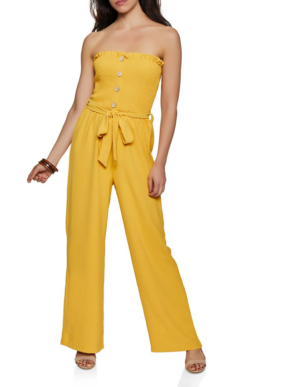 Smocked Button Front Tube Jumpsuit