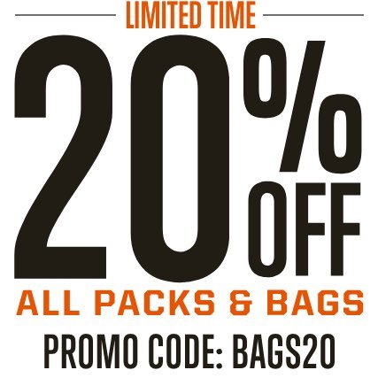 20% off bags and packs | Promo code: BAGS20