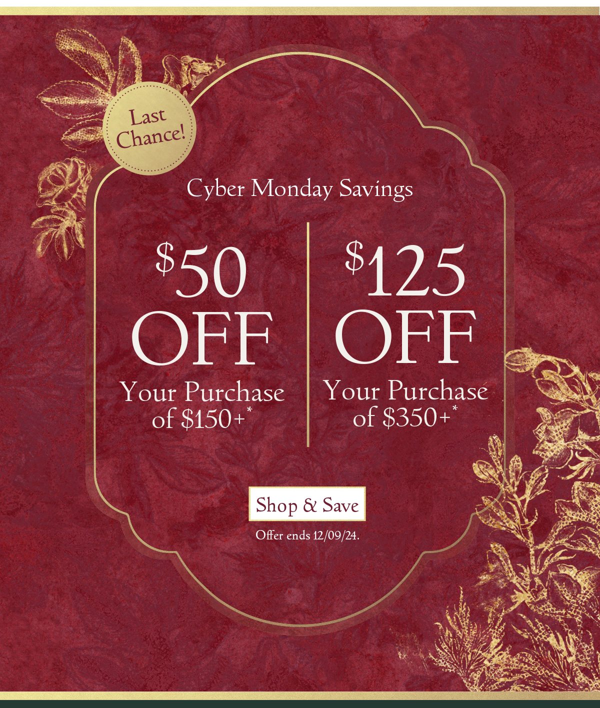 LAST CHANCE! Cyber Monday Savings: $50 off Your Purchase of $150+* OR $125 off Your Purchase of $350+* | Shop & Save