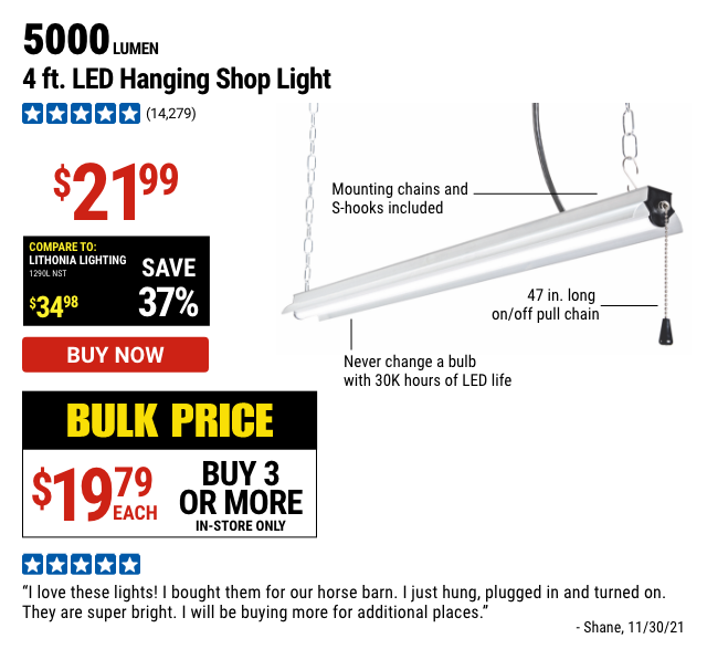 5000 Lumen 4 ft. LED Hanging Shop Light