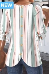 White Drawstring Striped Half Sleeve Round Neck Blouse