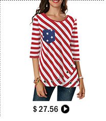 Three Quarter Sleeve Flag Print Red T Shirt