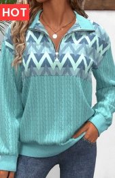 Mint Green Zipper Geometric Print Long Sleeve Sweatshirt