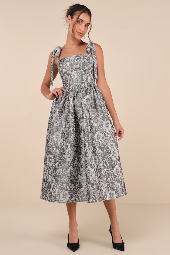 Image of Successfully Chic Grey Jacquard Pleated Tie-Strap Midi Dress