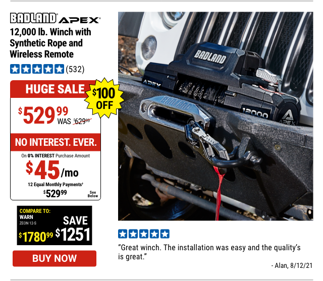 APEX 12,000 lb. Winch with Synthetic Rope and Wireless Remote