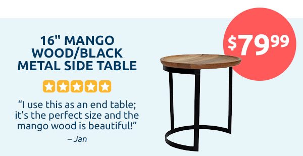 16" Mango Wood/Black Metal Side Table