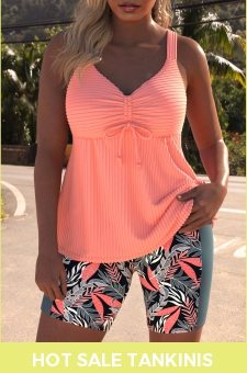 ROTITA Drawstring Dusty Pink Plants Print Tankini Set