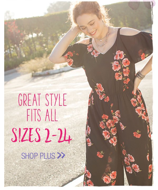 Great style fits all. Sizes 2-24. Shop plus.