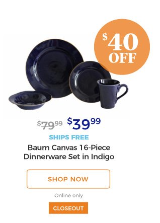 Baum Canvas 16-Piece Dinnerware Set in Indigo | $39.99 | $40 off | closeout | ships free | shop now | online only