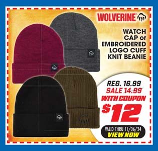 Wolverine Watch Cap or Embroidered Logo Cuff Knit Beanie