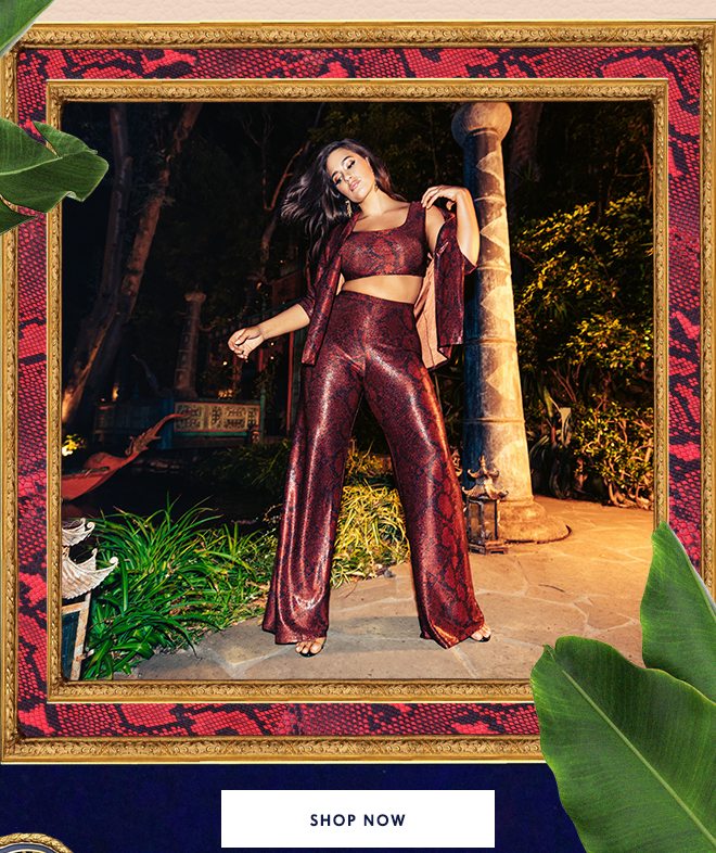 MAROON METALLIC SNAKE WIDE LEG TROUSERS