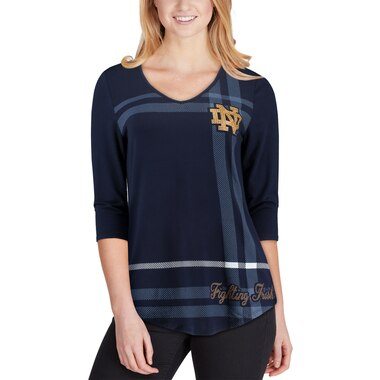 Notre Dame Fighting Irish Women's Navy Plaid 3/4-Sleeve V-Neck Shirt