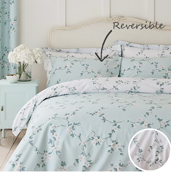 Edith Duck Egg Floral Reversible Duvet Cover & Pillowcase Set