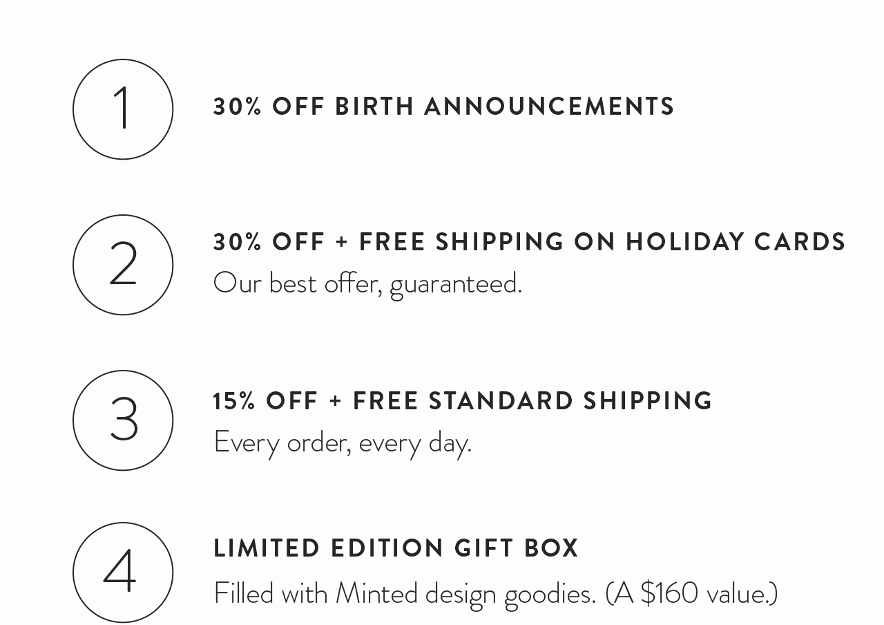 1. 30% off Birth Announcements 2. 30% off + free shipping on holiday cards 3. 15% off + free standard shipping 4. Limited edition gift box