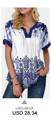 Short Sleeve Retro Print Split Neck Blouse